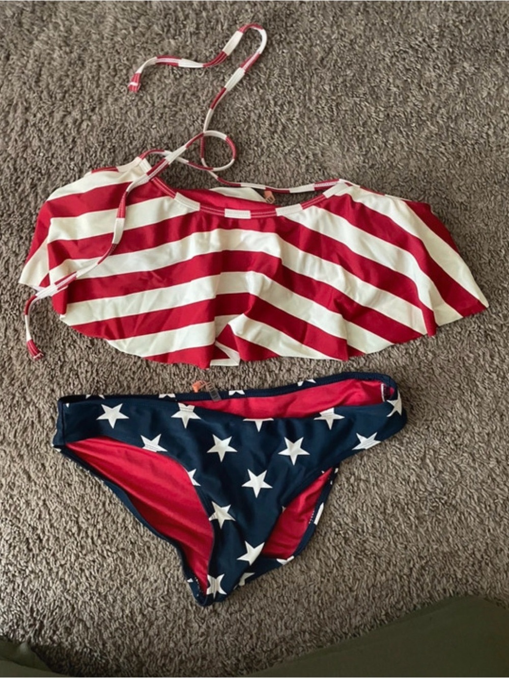 Forever 21 American Flag Red & White Striped Flounce Top Navy Star Bikini Bottom